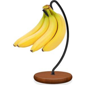 Banana Holder Stand - Patented Modern Banana Hanger with Wood Base Stainless Steel Banana Tree Hook Rack for Kitchen Countertop (Black Brown)