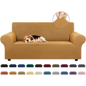 KEKUOU Stretch Loveseat Sofa Cover Slipcover,Couch Covers for 2 Cushion Couch Sofa (55"-78") Furniture Protector Sofa with Elastic Bottom for Kids,Dog. Jacquard Small Checked, Medium, Golden 