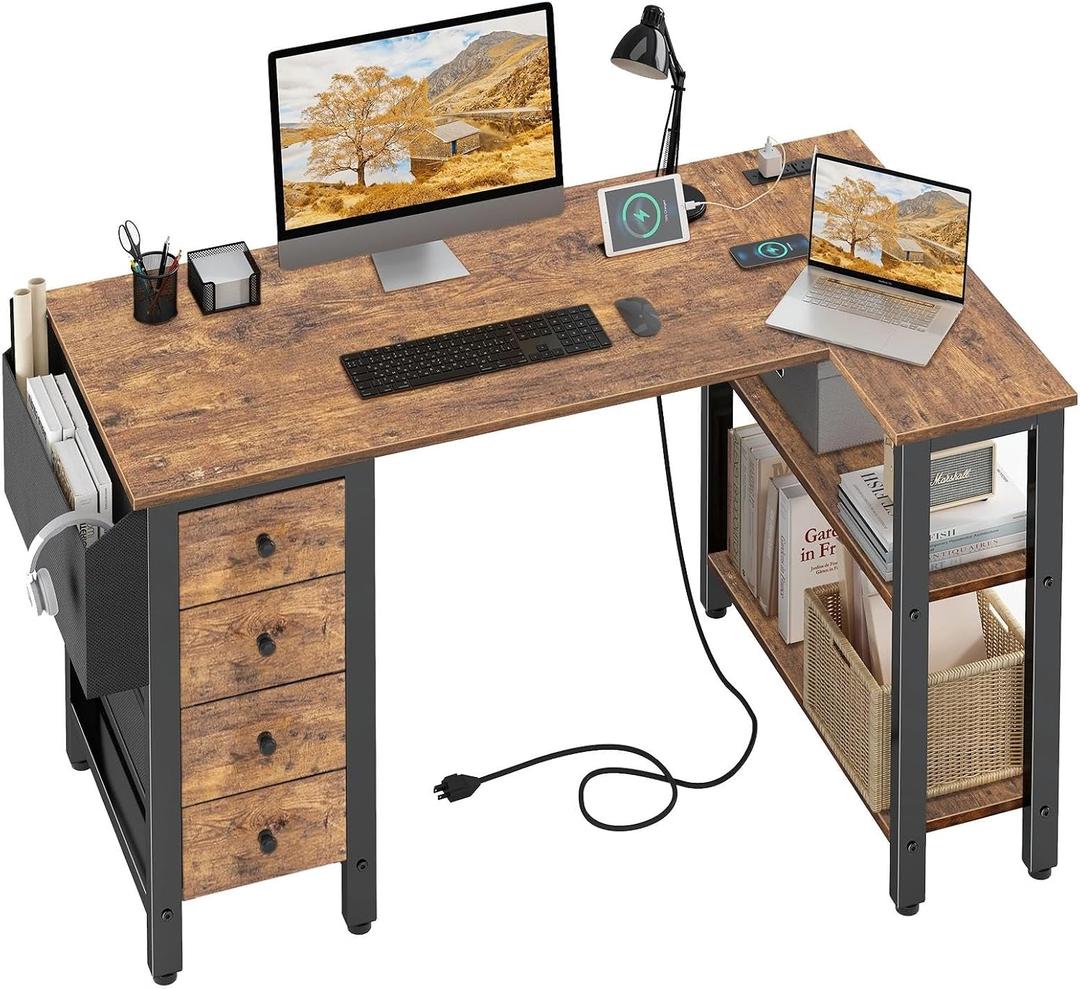 Lufeiya L Shaped Desk with Drawers & Storage Shelves, 47 Inch Small Reversible Corner Desk with Power Outlet for Home Office Bedroom, L-Shaped Gaming PC Computer Desks with Fabric Drawer, Rustic Brown, 47.2"