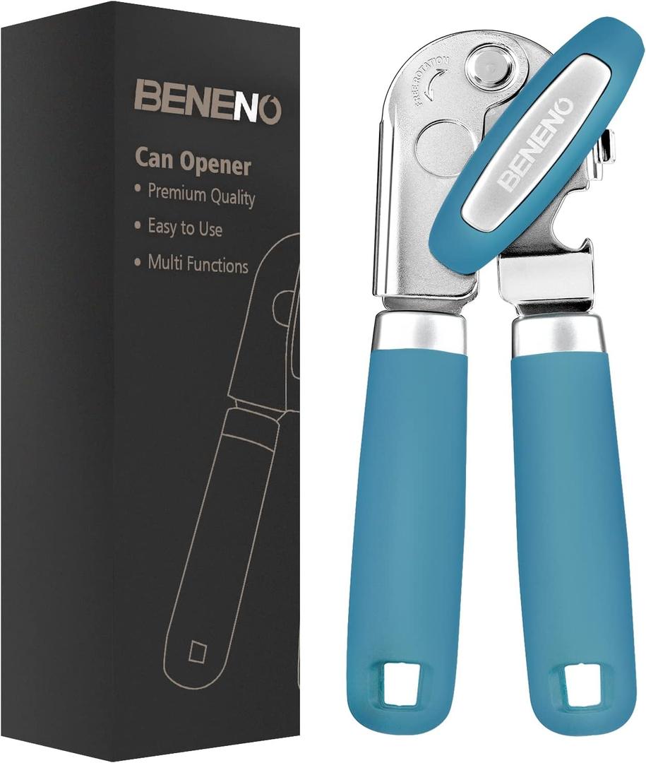 Beneno Heavy Duty Hand Can Opener Manual with Magnet, Durable Sharp Carbon Steel Blade Smooth Cutting, Big Effort-Saving Knob & Soft Grip Handle, Multifunctional Kitchen Tool with Bottle Opener, Aqua (Blue)