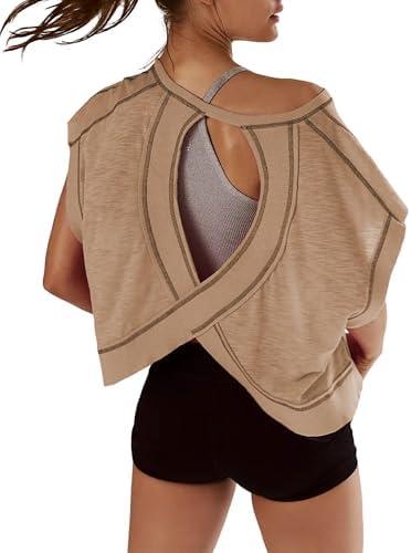 Kumufenc Women Short Sleeve Workout Shirts Open Back Tops Casual Yoga Y2k Athletic Gym Slouchy Crop Running Tees Size Small