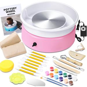 Goody King Mini Pottery Wheel-9.4Pottery Wheel for Adults Beginners Kids, Upgraded Movable Turntable with Adjustable Speed with 16 Pottery Shaping Tools, Supports Forward and Reverse Rotation-Pink