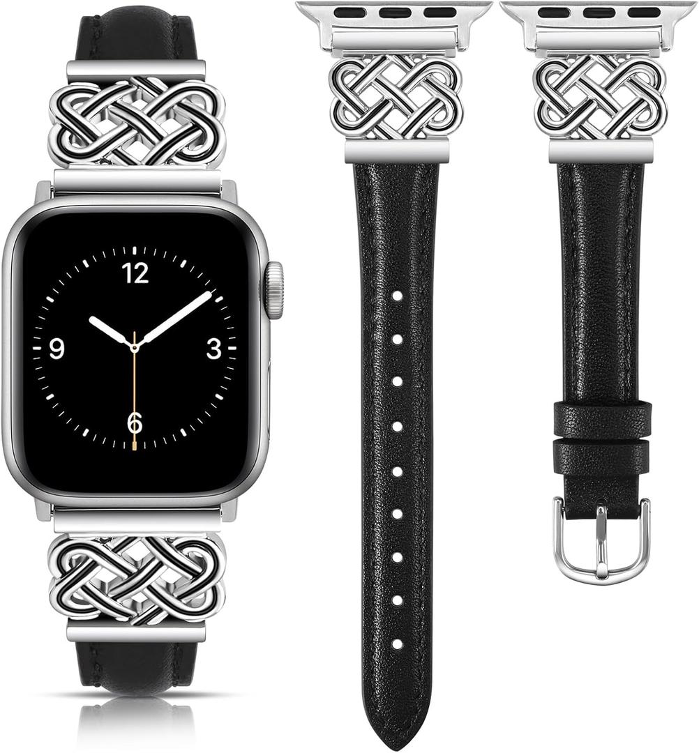 TOYOUTHS Leather Band Compatible with Apple Watch Bands Women 42/ 44/ 45/ 46/ 49mm Dressy Slim Leather Strap with Designer Interlock Buckle for iWatch Series 10/ 9/ Ultra/ SE/ 8/ 7/ 6/ 5/ 4/ 3/ 2/ 1, Black+Silver