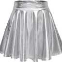 EXCHIC Women's Shiny Metallic Wet Look Stretchy Flared Mini Skater Skirt, Silver, Large
