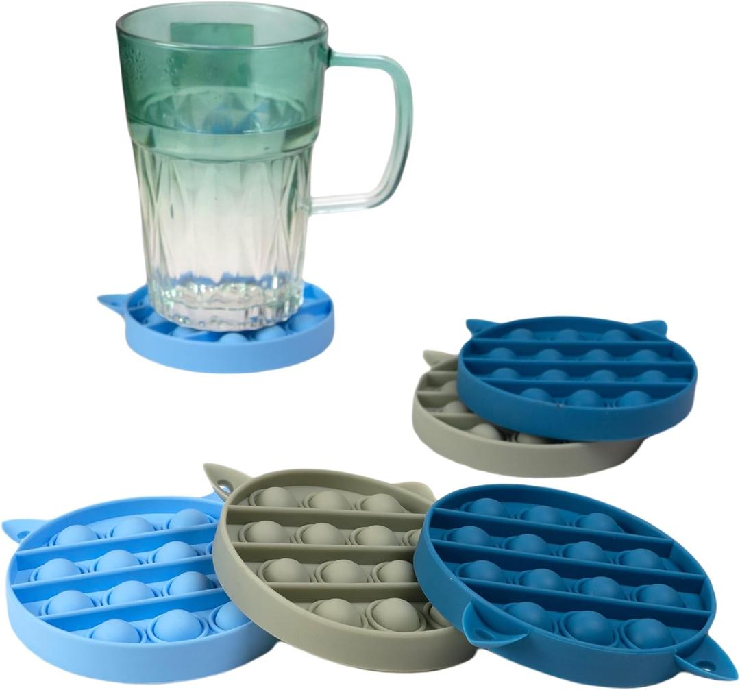 Silicone Pop Fidget Coasters Set of 6 - Cup Coasters for Hot or Cold Drink - Coffee Table Decor Non-Slip (BGB)