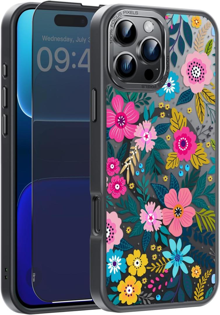 FUNMIKO for iPhone 16 Pro Max Case with Privacy Screen Protector, Wireless Charging Compatible, Translucent Matte Cover - Cute Floral Design Phone Case for Women Girls - Colorful Blooming Flower