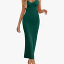 MEROKEETY Womens 2025 Summer Spring V Neck Knit Midi Dress Bodycon Casual Sleeveless Ribbed Sweater Dresses Green ,Size S