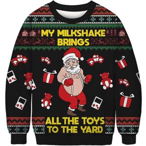 Jumppmile Unisex Ugly Cute Christmas Sweatshirt Crew Neck 3D Print Xmas Pullover Sweatshirt Black Santa Gift XXL/XXXL