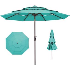 JEAREY 9FT 3 Tier Patio Umbrella Outdoor Market Umbrella Table Umbrellas with 8 Ribs 1.5 Pole Push Button Tilt and Crank UV Protection for Garden,Peacock Blue