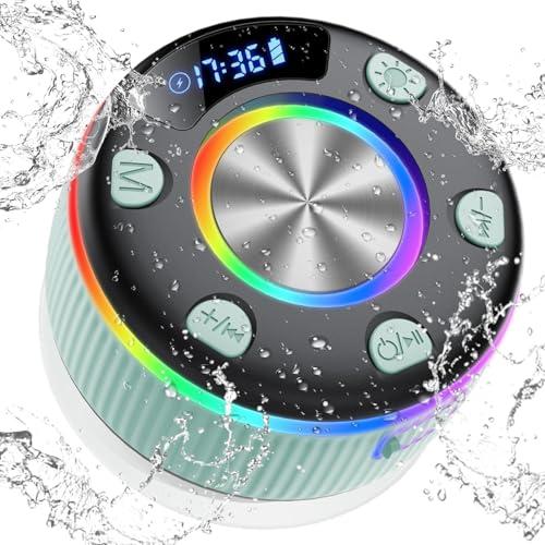 Bluetooth Shower Speaker, Portable Bluetooth 5.3 Speakers Wireless with Time Display, IP7 Waterproof Mini Speaker with RGB Lights, Suction Cup, Stereo Bass, for Bathroom Party Travel Outdoor, Green