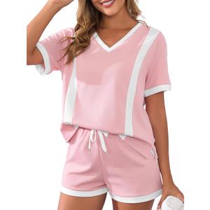 Women's Two Piece Outfits Color Block Lounge Sets Casual Short Sleeve Pullover Tops Matching Shorts (X-Large, Pink)