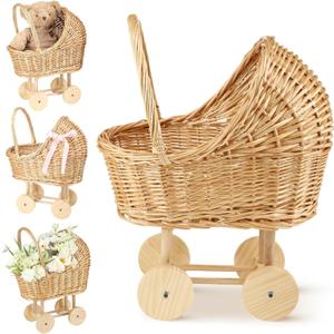 Wicker Baby Carriage for Baby Shower Vintage Wicker Stroller Woven Rattan Flower Basket Rustic Decorative Cart Storage with Handle for Floral Arrangement Wedding Photo Props(Wood Color,24 in)
