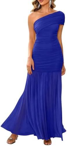 LAGSHIAN Women's Elegant Formal Long Dress One Shoulder Sleeveless Ruched Bodycon Evening Dress, Blue, M