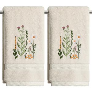 Artoid Mode 2 Pcs Beige Wildflower Floral Embroidered Hand Towels for Bathroom, 100% Cotton Soft Absorbent Farmhouse Decor Towels, 13.7 x 29.5 Inch
