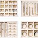 Velvet Jewelry Drawer Organizer Trays 4-Layer Stackable Jewelry Storage Inserts Set, Beige Jewelry Tray Set for Earrings, Rings, Necklaces, Bracelets with Removable Dividers for Dresser & Vanity