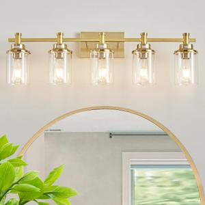 5-Light Modern Vanity Lights Over Mirror, Brushed Brass Bathroom Sconce with Clear Glass Shade (Gold)