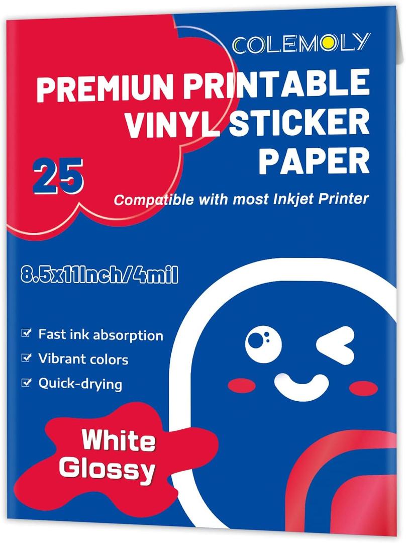 Glossy Sticker Paper Printable Vinyl for Inkjet Printer Adhesive White Decals Waterproof Quick Drying Tear Resistance Labels Letter Size 8.5x11 in for Craft,Scrapbook (25 Sheets)