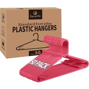 Byomostor Plastic Hangers 50 Pack, Light Weight Durable Clothes Hangers with Hooks Standard Size G-Shape&Non-Slip Coat Hangers for Everyday Use (Pink)