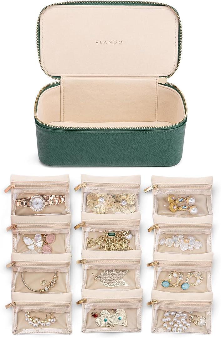 VLANDO Jewelry Travel Case, Travel Jewelry Organizer with Clear Velvet Jewelry Bags Zipper Pouch for Women Girl Gift-Green 12Pcs