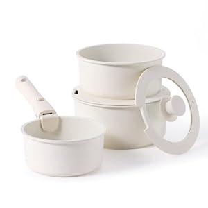 CAROTE 6pcs Nonstick Sauce Pan Sets with Lid 3 Sizes1.5QT, 2QT & 3QT, Non Stick Cooking Pot with Detachable Handle, Kitchen Sauce Pots Induction Pot, PFOA FREE, Dishwasher Safe, Cream White 