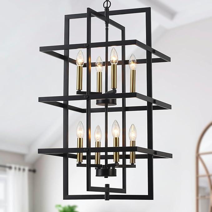 Pavloatu 33.46" Large Black Chandelier for High Ceilings Tiered Pendant Light Fixtures Rectangular Farmhouse Chandelier for Foyer Entryway Staircase Living Room Kitchen Island 8 Light