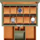 ROTHWELL 10-Slot Watch Box in Leather with Valet Drawer, Luxury Watch Case Display Organizer with Ultra Soft Microsuede Liner, Jewelry and Sunglass Holder With Large Glass top (Green/Tan)