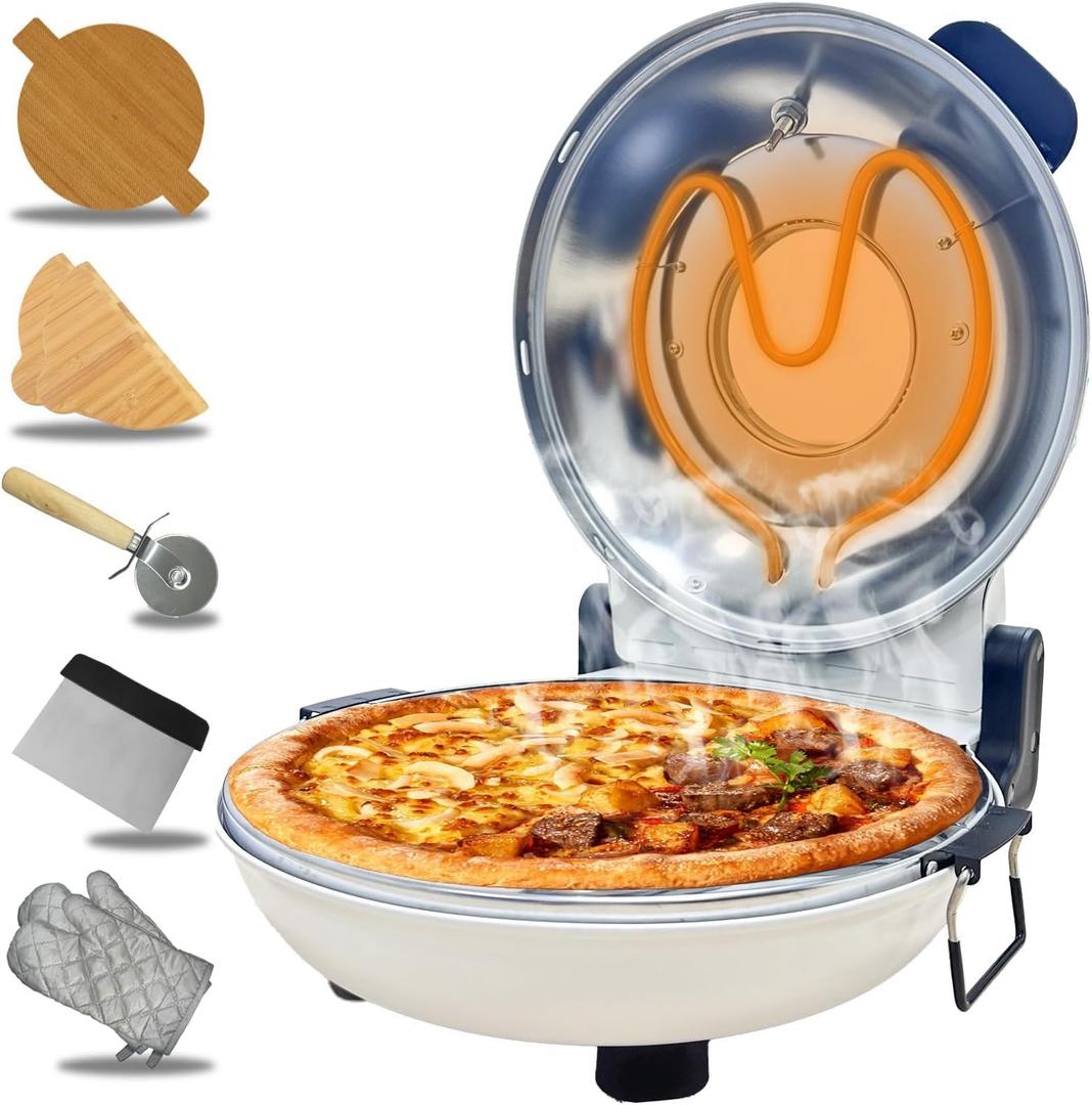 Pizza Oven Indoor, 12 Inch Retro Pizza Maker, Rapid Heating 800˚F, 1200W Glazed Ceramic Stone Electric Pizza Cooker, Two-button Precise Temperature Control, Viewing Window for Precise Cooking