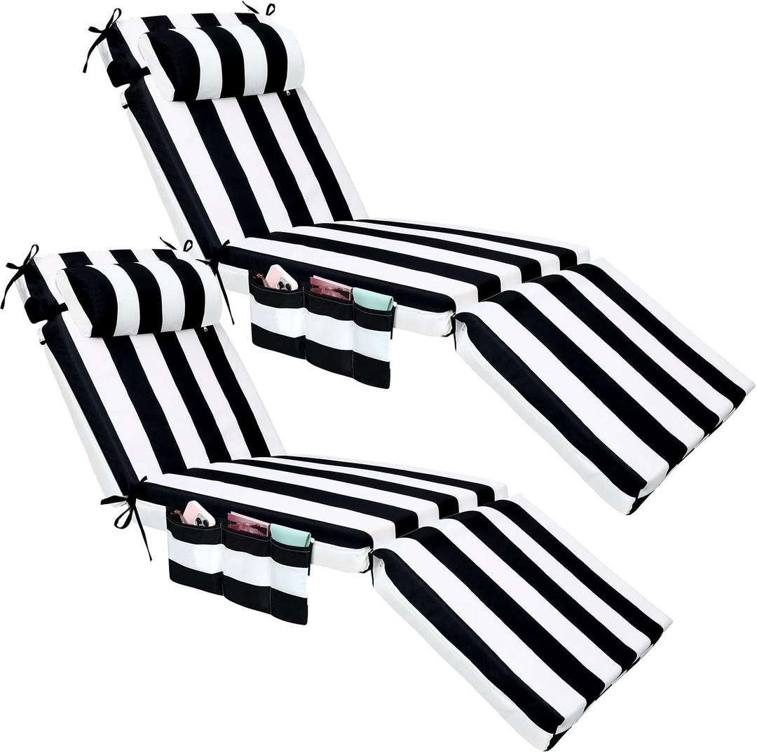 RattanView 2 Pcs Outdoor Chaise Lounge Cushion with Pillow and Side Pockets Waterproof Lounge Chair Cushions for Outdoor Furniture Patio Lounger Pad for Outside Pool Lawn (Black White,72 x 21 x 4)