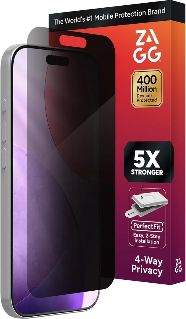 ZAGG Privacy XTR Screen Protector for iPhone 17 Pro - 4-Way Privacy Full-Screen Filter, 5X Stronger, Fingerprint-Resistant Tempered Glass, Smooth Feel, Easy Two-Step Installation