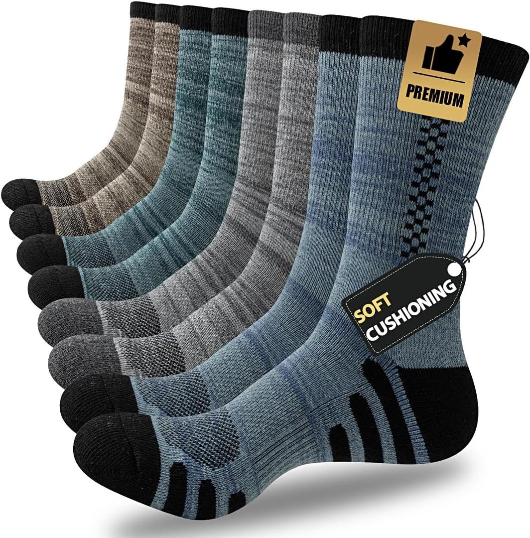 JOYNÉE 8 Pairs Mens Crew Athletic Work Long Socks Calf Cushioned Socks for Sports Running Workout Gym, Multicolor 1, Sock Size:10-13
