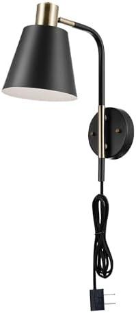 GLOBE Electric 51374 Cleo 1-Light Plug-in or Hardwire Wall Sconce, Matte, Antique Brass Accents, Black Cloth Cord, 14.44