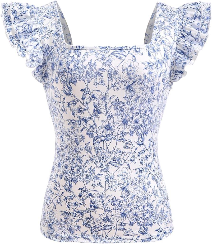 Women's Boho Floral Print Ruffle Top Square Neck Cap Sleeve Vacation T Shirts, Medium