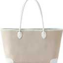 Linen Tote Bag for Women, Large Capacity Beach Bag with PU Leather Trim for Travel Work Shopping (White)