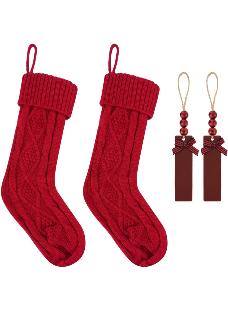2Pack Personalized Christmas Stockings - 18 Inch Large Cable Knitted Xmas Hanging Stockings with DIY Wooden Name Tags for Family Holiday Decor (Red)