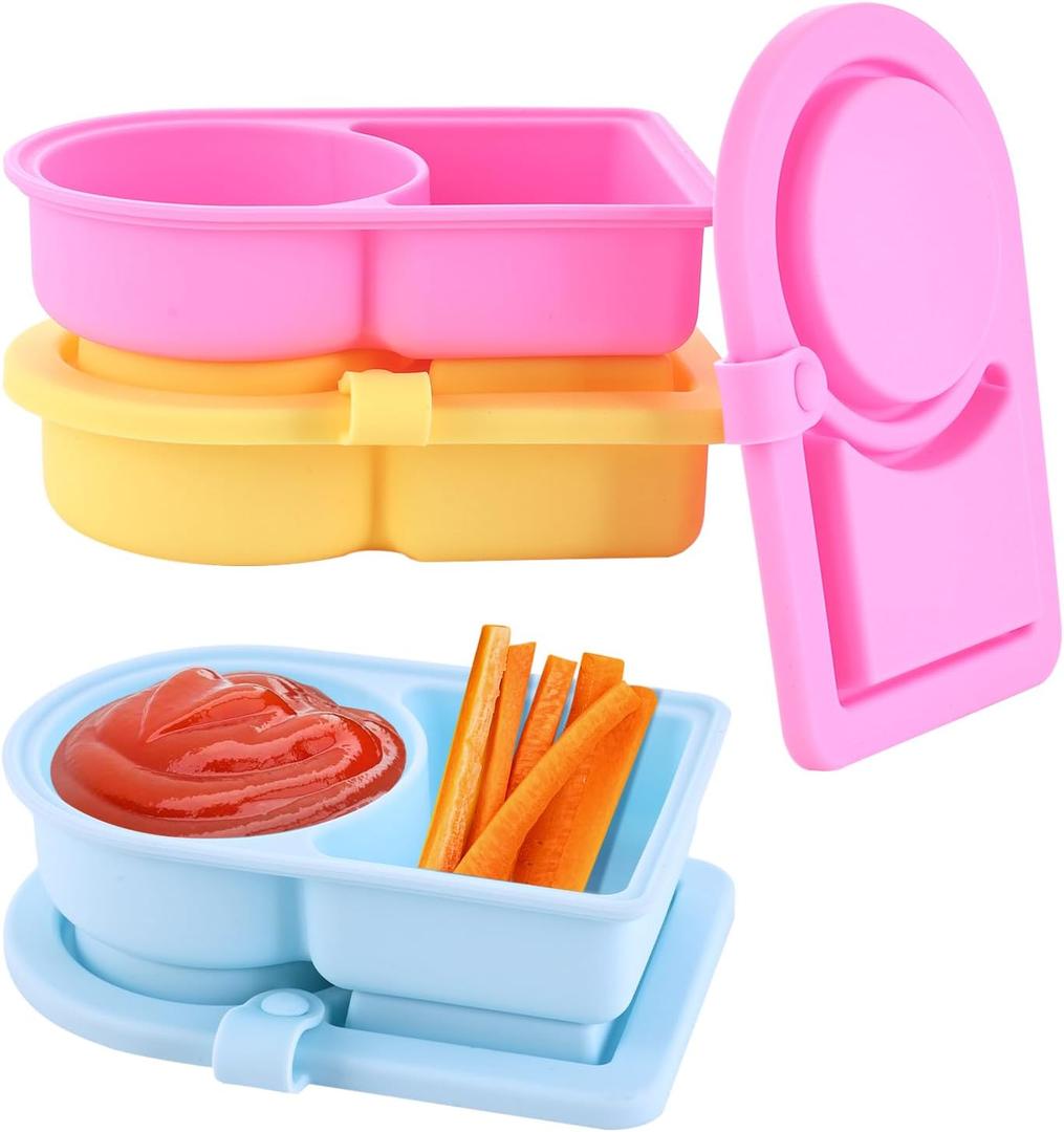 3 Pack Silicone Snack Containers with Lids, Reusable 2 Compartment Snack Containers, for Seasonings, Sauces and Fruits, Portable Mini Food Snack Box For Travel, Picnic, Office