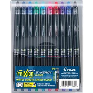 Pilot FriXion Synergy Clicker Erasable, Refillable, Retractable Gel Ink Pens, Extra Fine Point 0.5 mm, Pack of 10, Assorted Colors, FriXion Erasable Pens 0.5 - Ideal for School & Office Writing