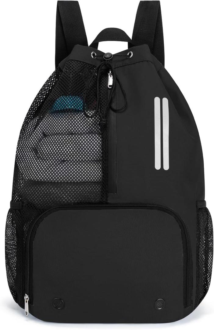 Swim Bag Mesh Drawstring Backpack with Shoe Compartment & Wet Pocket Waterproof Beach Backpack Pool Bag for Swimming, Gym, Travel and Workout Gear (Black)
