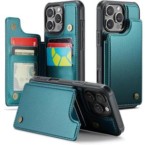 Compatible with iPhone 16 Pro Max 6.9" Wallet Case with Card Holder RFID Blocking for Women Men, Double Magnetic Clasp Kickstand Shockproof Phone Case Fit for iPhone 16 Pro Max, Bluish Green
