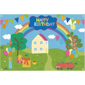 Pig Happy Birthday Backdrop for Boy & Girl - 7x5ft Durable Fabric Photo Studio Photography Background - Cartoon Ferris Wheel Rainbow Baby Shower Decorations (Blue)