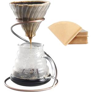 Pour Over Coffee Maker Set - Glass Dripper, Metal Stand, 600ml Heat-Resistant Server, 40 Filters - 4 in 1 for Home or Office (Bronze)