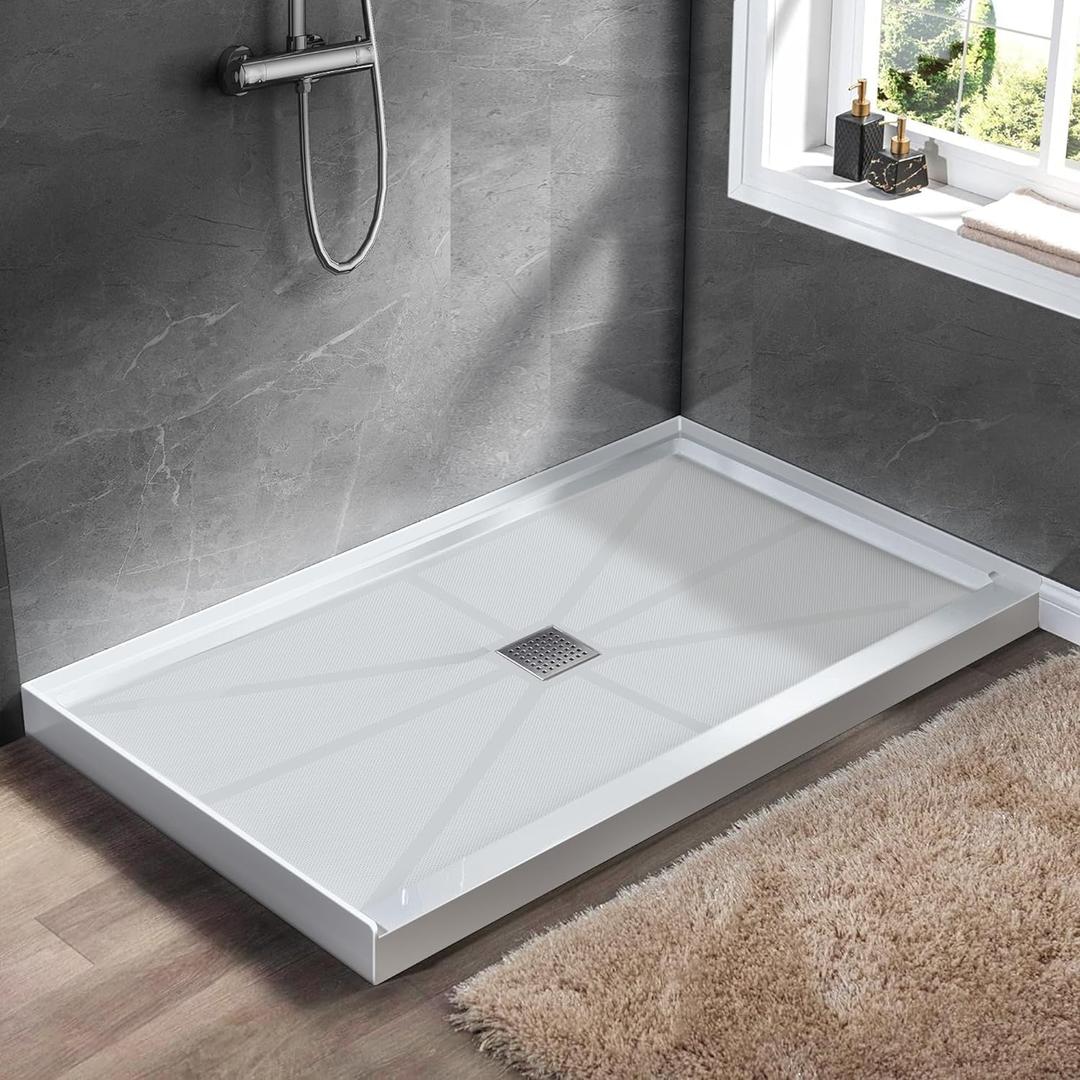 Shower Base 48"36"4", Single Threshold Shower Tray with Center Drain, Rectangle SMC Shower Pan, White Slip Resistant Textured Surface Shower Base for Bathroom
