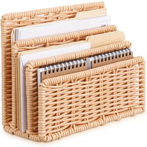 Small Rattan Mail Organizer for Desk Mail Holder Countertop with 3 Slot Rattan Letter Sorter File Holder Envelope Book Stand Farmhouse Office Desk Organizer and Storage Accessories (6.8 x 3 x 5.4 Inches, Light Brown)