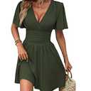 Milumia Women's Summer Ruched A Line Wrap Mini Dress Short Sleeve V Neck Swing Short Dress Green Small