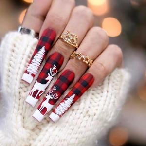 Christmas Press on Nails Long Coffin Fake Nails with Red Grids Designs French tips Glue on Nails Xmas Tree Elk Stick on Nail Glossy Reusable Xmas False Nail for Women Girls Holiday Manicure 24pcs, Pack of 2