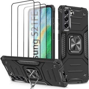 Case for Galaxy S21 FE 5G with 3 Pcs Tempered Glass Screen Protector, Military-Grade Built in Magnetic Ring Kickstand Dual Layer Hybrid Shockproof Aromr Rugged Case for Galaxy S21 FE 5G - Black