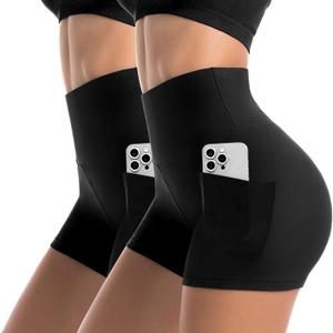 Leafigure 2 Pack Womens Biker Shorts with Pockets - 4" High Waisted Yoga Gym Running Workout Booty Shorts Black/ Black L-XL