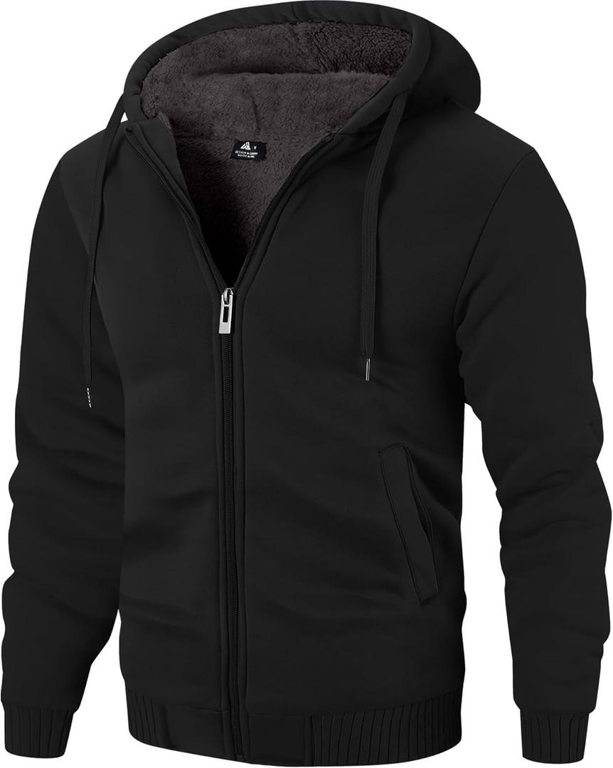 ZITY Men's Zip Up Hoodie Heavyweight Winter Sweatshirt Fleece Sherpa Lined Warm Jacket (Large, Black)