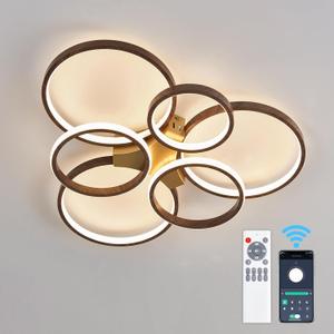 Boho Flush Mount Ceiling Light Fixture Wood Grain Modern LED Chandelier Dimmable with Remote Control Wooden and Gold Ceiling Lamp for Kitchen Bedroom Living Room Dining Room Office