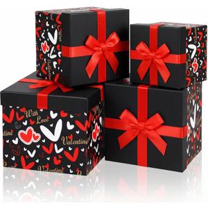Epakh 4 Pcs Square Nesting Boxes Decorative Gift Boxes with Lids Black Red Hearts Assorted Sizes for Anniversary, Birthday, Wedding, Bridal Shower Party Gifts(Sweet)