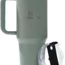40 ounce glass with handle and straw lid, vacuum insulated travel coffee cup, stainless steel insulated cup, suitable for beverages, leak proof (blackish green)